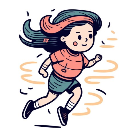 Running girl. Cute cartoon character. Hand drawn vector illustra