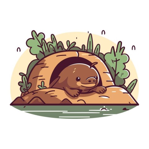 Vector illustration of a cute cartoon otter in a clay house.