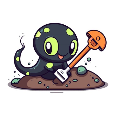 Octopus with shovel. Cute cartoon character. Vector illustration