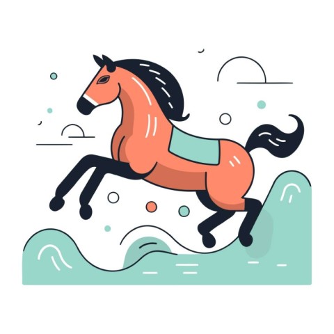 Horse running on the waves. Vector illustration in flat style.