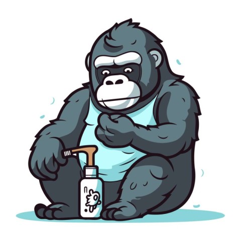 Vector illustration of a gorilla holding a bottle of hand saniti