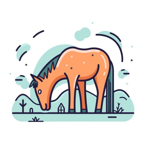 Horse in the field. Vector illustration in flat linear style.