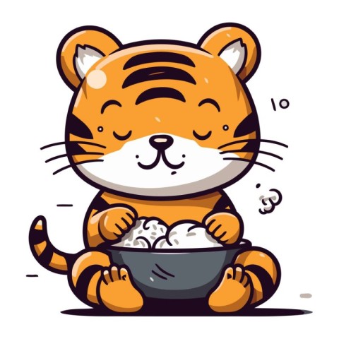 Cute cartoon tiger with a bowl of rice. Vector illustration.