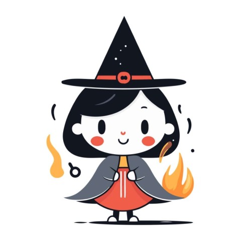 Cute cartoon witch with a fire. Vector illustration on white bac