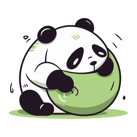 Cute panda eating a green apple. Vector illustration on white ba