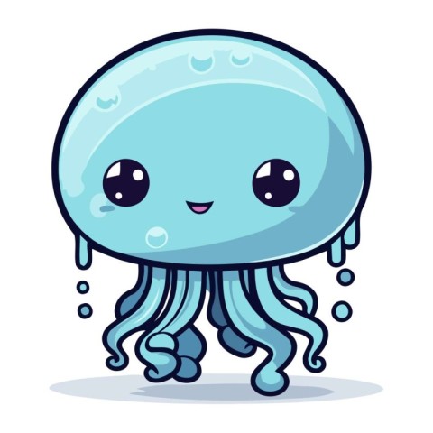 Cute cartoon blue jellyfish isolated on white background. Vector