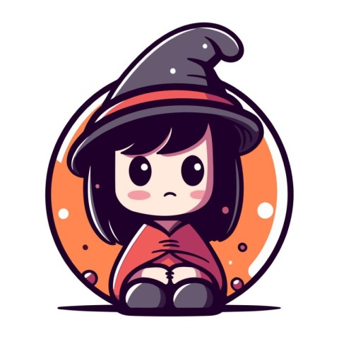 Cute little witch in a hat sitting on the moon. Vector illustrat