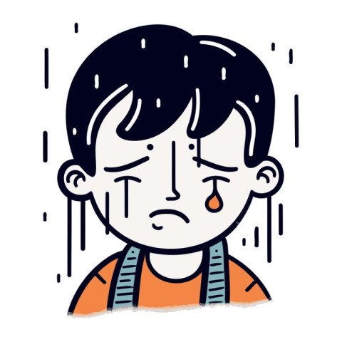 sad boy with tears on his face. vector cartoon illustration.