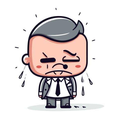 Sad boss cartoon character with tears. Businessman emoticon. Vec