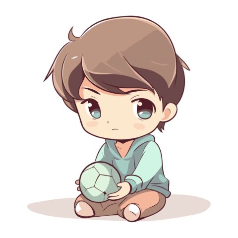 Cute little boy sitting and holding soccer ball. vector illustra