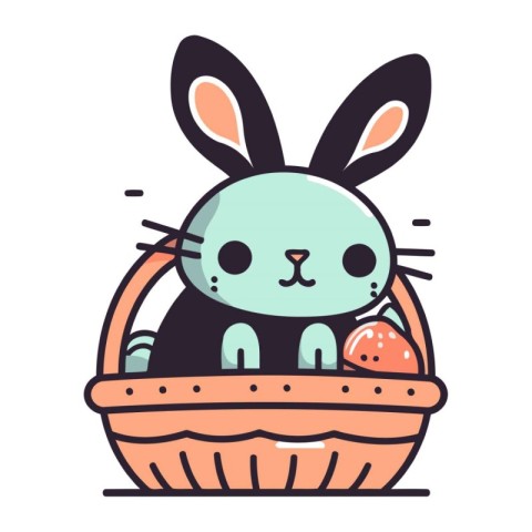 Cute cartoon bunny in basket with Easter egg. Vector illustratio