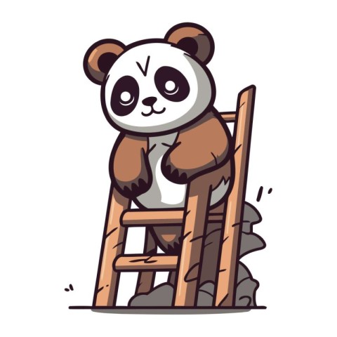 Cute panda sitting on a ladder. Vector cartoon illustration.