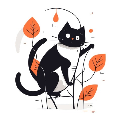 Cute black cat sits on a branch among the autumn leaves. Vector