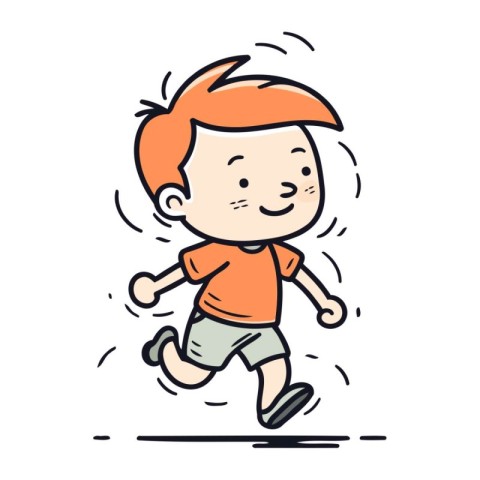 Running boy with orange t shirt and shorts. Vector illustration.