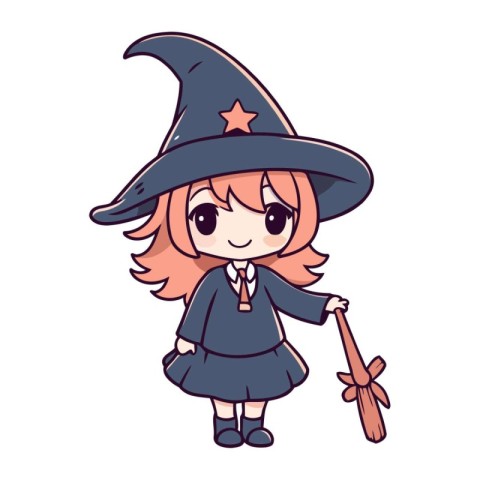 Cute cartoon witch girl with a magic wand. Vector illustration.