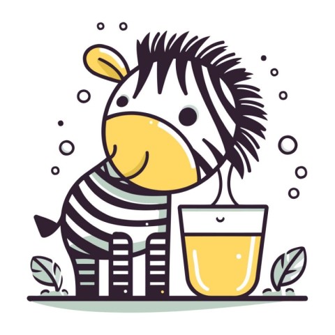 Zebra drinking juice in a glass. Vector illustration in cartoon