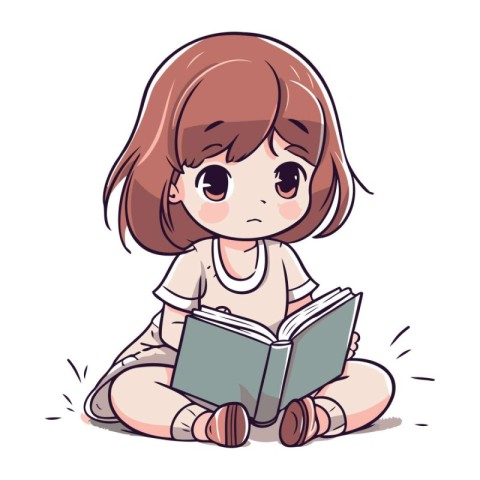 Cute little girl sitting on the floor and reading a book.