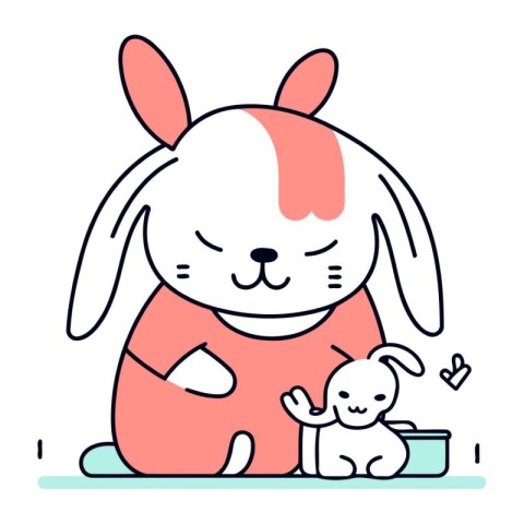 Vector illustration of cute little bunny with baby. Line art des