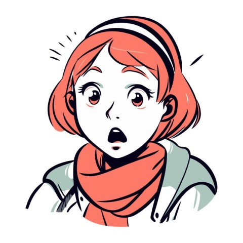 Surprised young woman in a red scarf. Vector illustration.