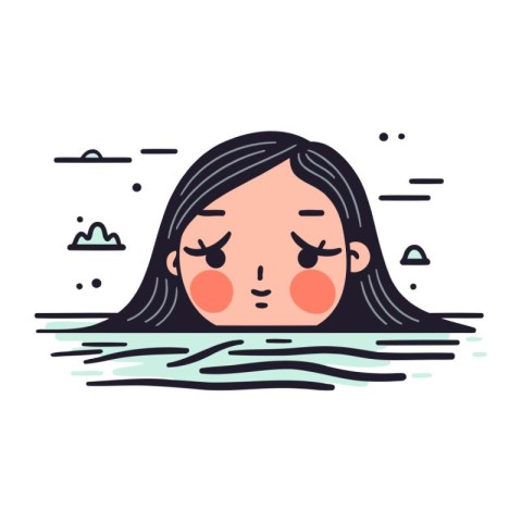 Vector illustration of a woman in the sea. The girl is sad.