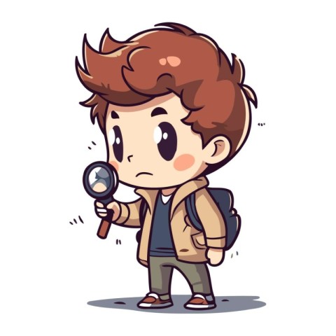 Illustration of a Kid Boy Looking at a Magnifying Glass While Wa