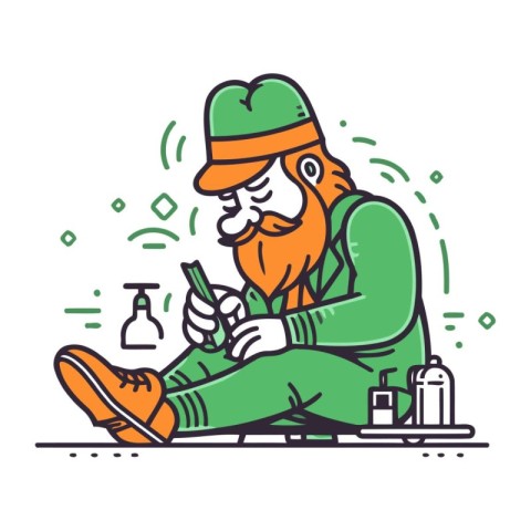 Vector illustration of a bearded hipster in a cap sitting on the