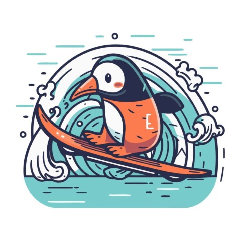 Cute penguin surfing on the wave. Vector illustration in linear