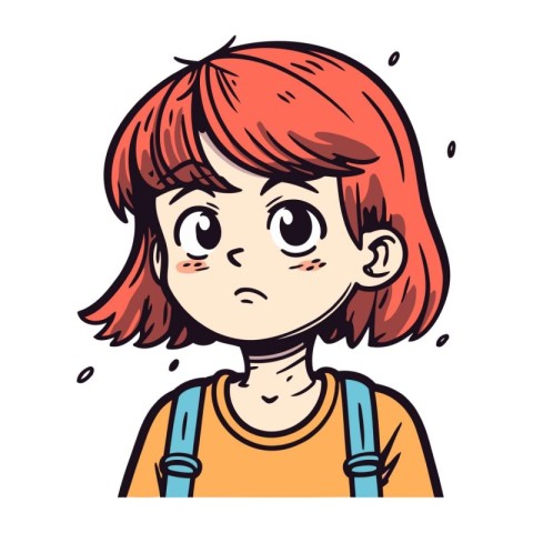 Illustration of a Cute Little Red Haired Girl with Sad Expressio