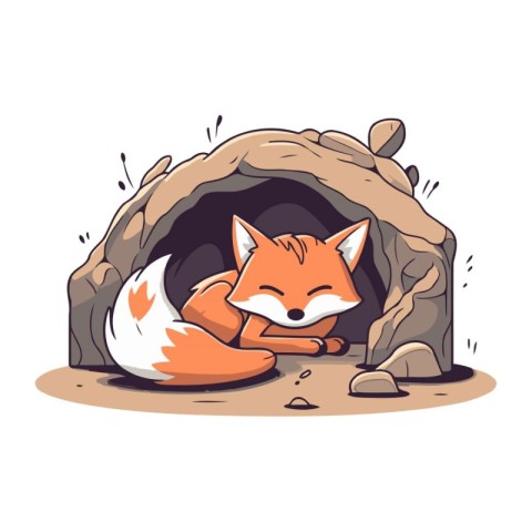 Vector illustration of a fox in a cave. Cute cartoon animal.