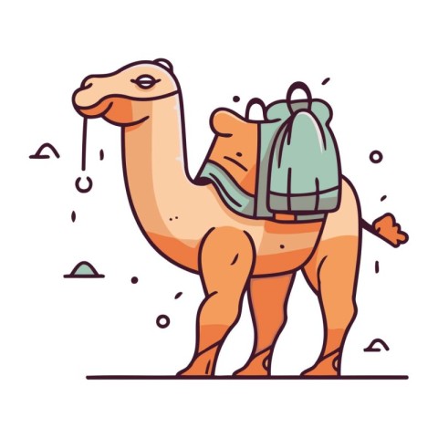 Camel with a backpack. Vector illustration in flat linear style.