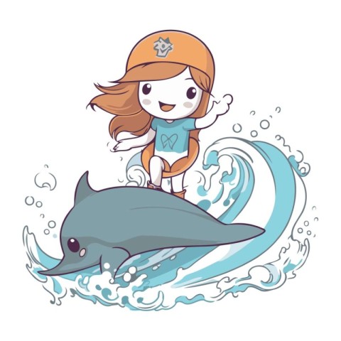 Cute little girl riding a dolphin on the wave. Vector illustrati