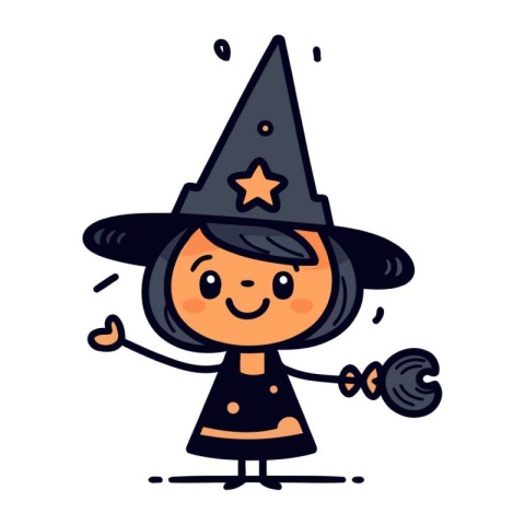 Cute little witch with a broomstick. Vector illustration in cart