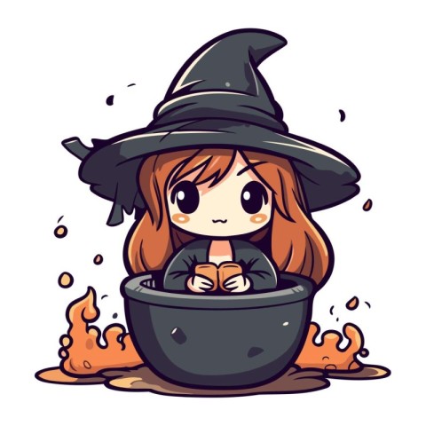 Cute little witch girl with a pot of potion. Vector illustration