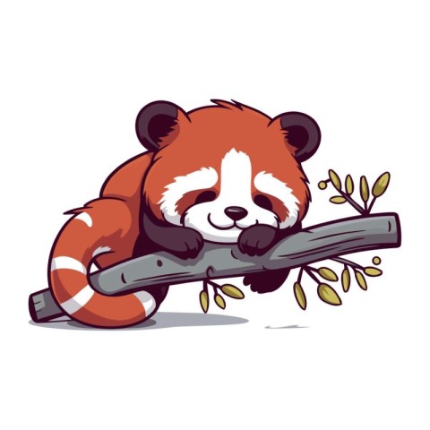 Cute red panda sleeps on a branch. Vector illustration.