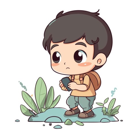 Cute little boy hiking in the forest. Vector cartoon illustratio