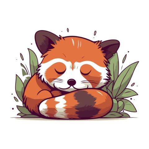 Cute red panda sleeping in the grass. Vector illustration.