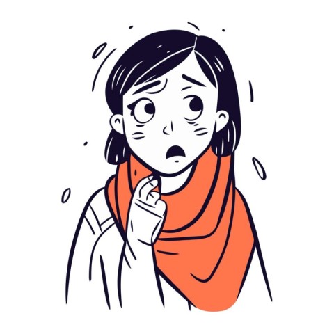 Illustration of a sick woman in a red scarf. Vector image.