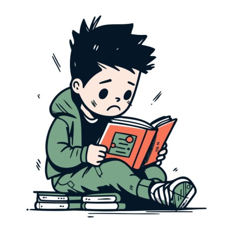 Sad boy reading a book. Hand drawn vector illustration in cartoo