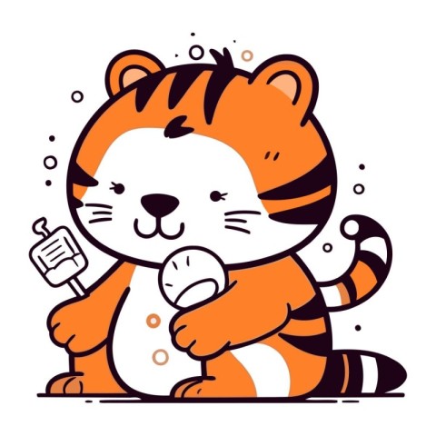 Cute cartoon tiger with ice cream in hand. Vector illustration.