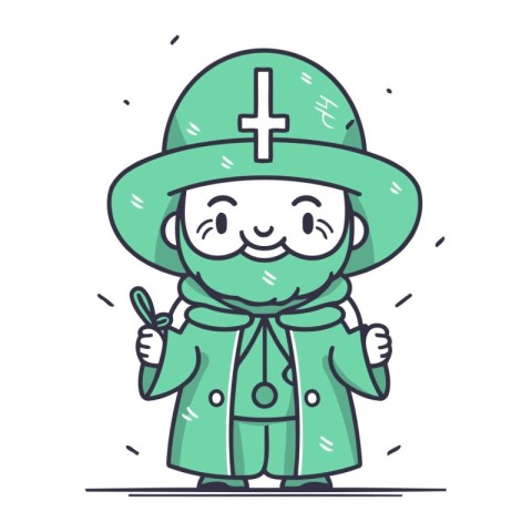 Funny cartoon man in green coat and hat. Vector illustration.