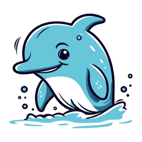 Cute cartoon dolphin jumping out of the water. Vector illustrati