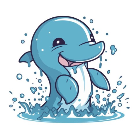 Cute cartoon dolphin with splashes of water. Vector illustration