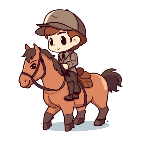 Cute boy riding a horse on white background. Vector illustration