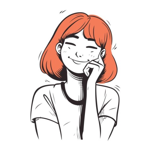 Vector hand drawn illustration of a smiling young woman with red