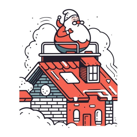 Santa Claus sitting on the roof of a house. Vector illustration.