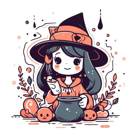 Cute little witch girl with a pot of potion. Vector illustration