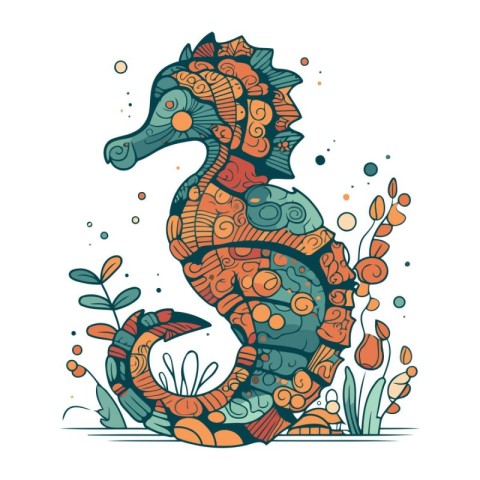 Hippocampus sea horse. Hand drawn doodle vector illustration.