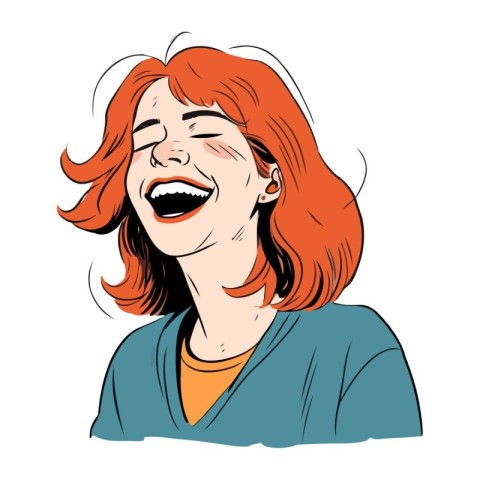 Beautiful happy woman with red hair laughing. Vector illustratio