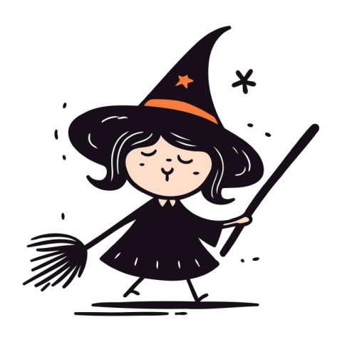 Cute little witch with a broom in her hand. Vector illustration.