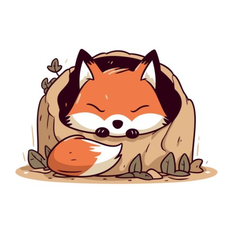 Cute fox sleeping in a burlap bag. Vector illustration.